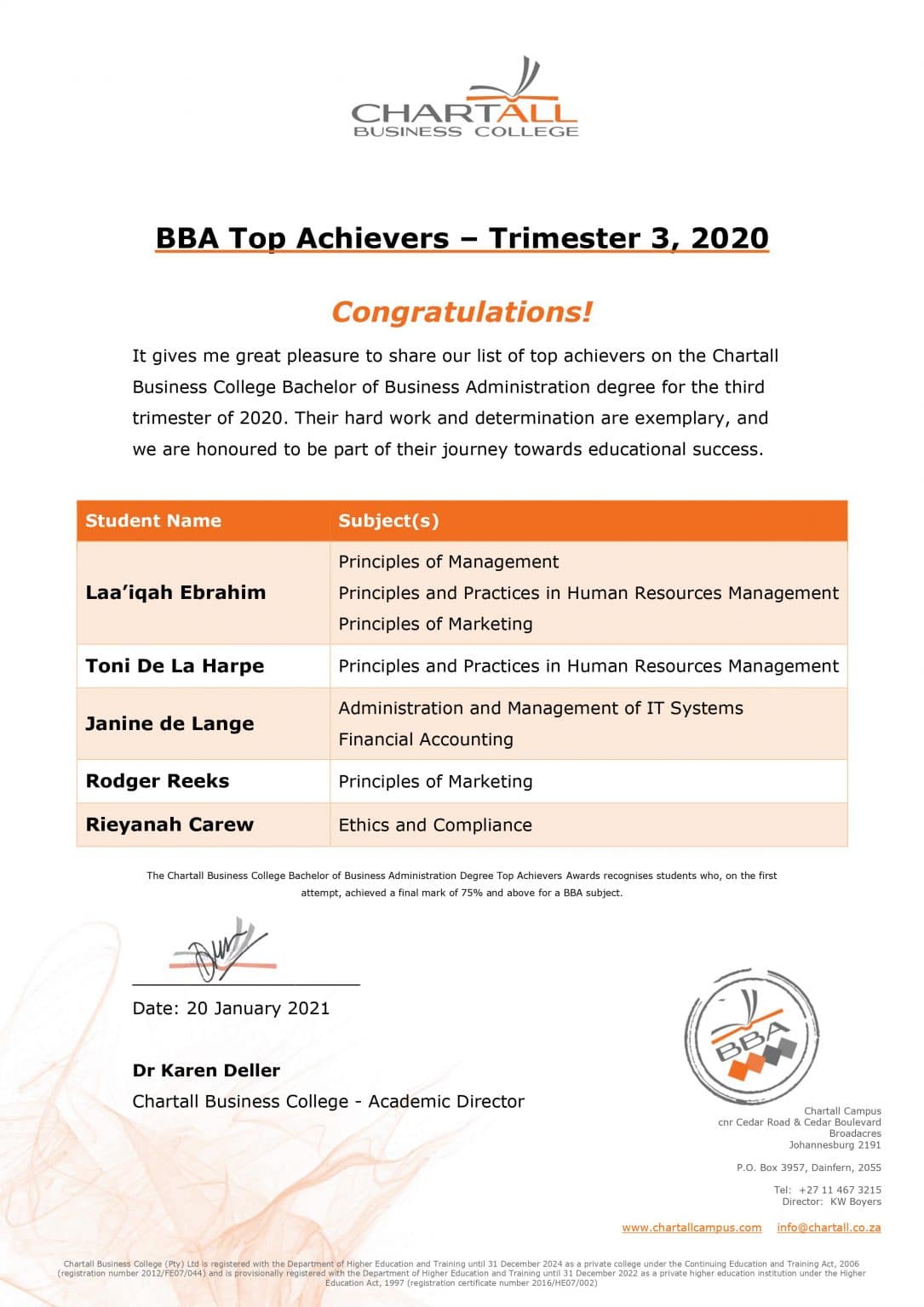 BBA Top Achiever Awards Trimester 3 2020